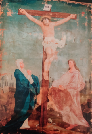 Ristiinnaulittu kuva C. F. Blom, 1840. Ensimmäisen Polvijärven kirkon alttaritaulu. Löydettäessä keväällä 2021