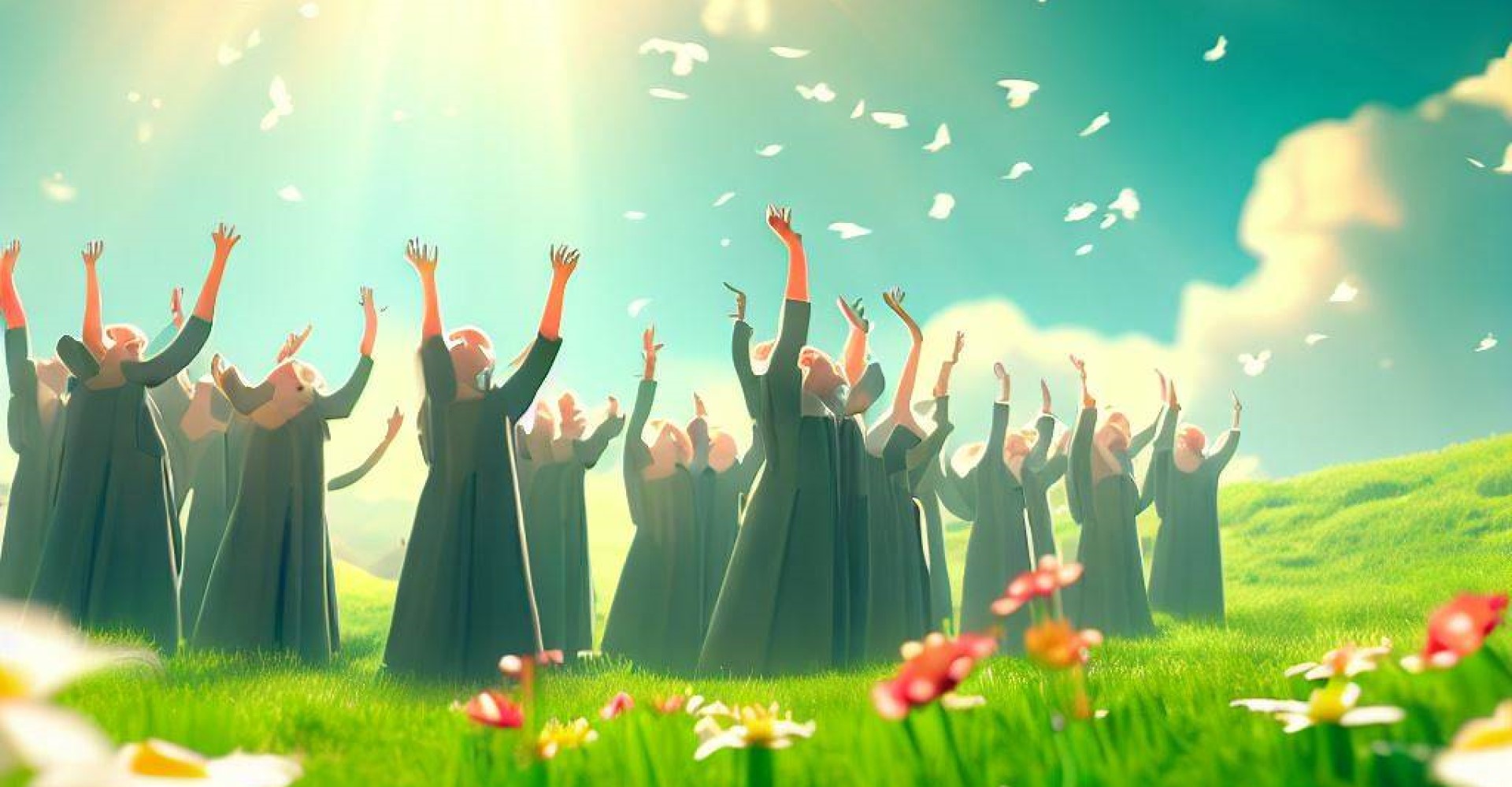 kuvassa kuorolaisia ylistää Jumalaa aurinkoisella, viheriäisellä niityllä