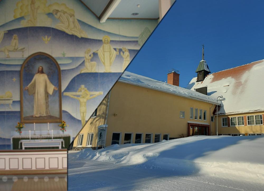 Polvijärven kirkon alttari ja Outokummun kirkko talvella